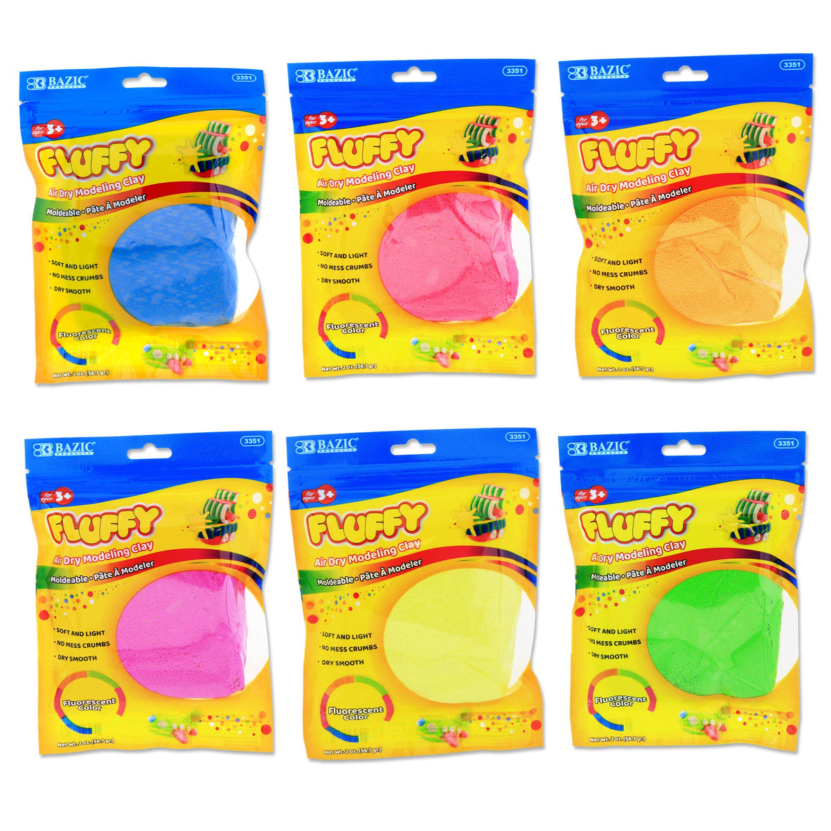 Bazic Products Air Dried Clay 6 Colors Neon 12 Oz Lightweight Modelling Clay Slime Non Toxic Gift For Artists Set Of 6