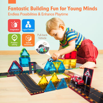 Hahaland Magnetic Tiles Road Set - Magnetic Construction Toys With Cars For Ages 3-5 Toddlers Kids Preschool Montessori Toys For 3 4 5 6 7 Year Old Boys Girls Easter Birthday Gifts