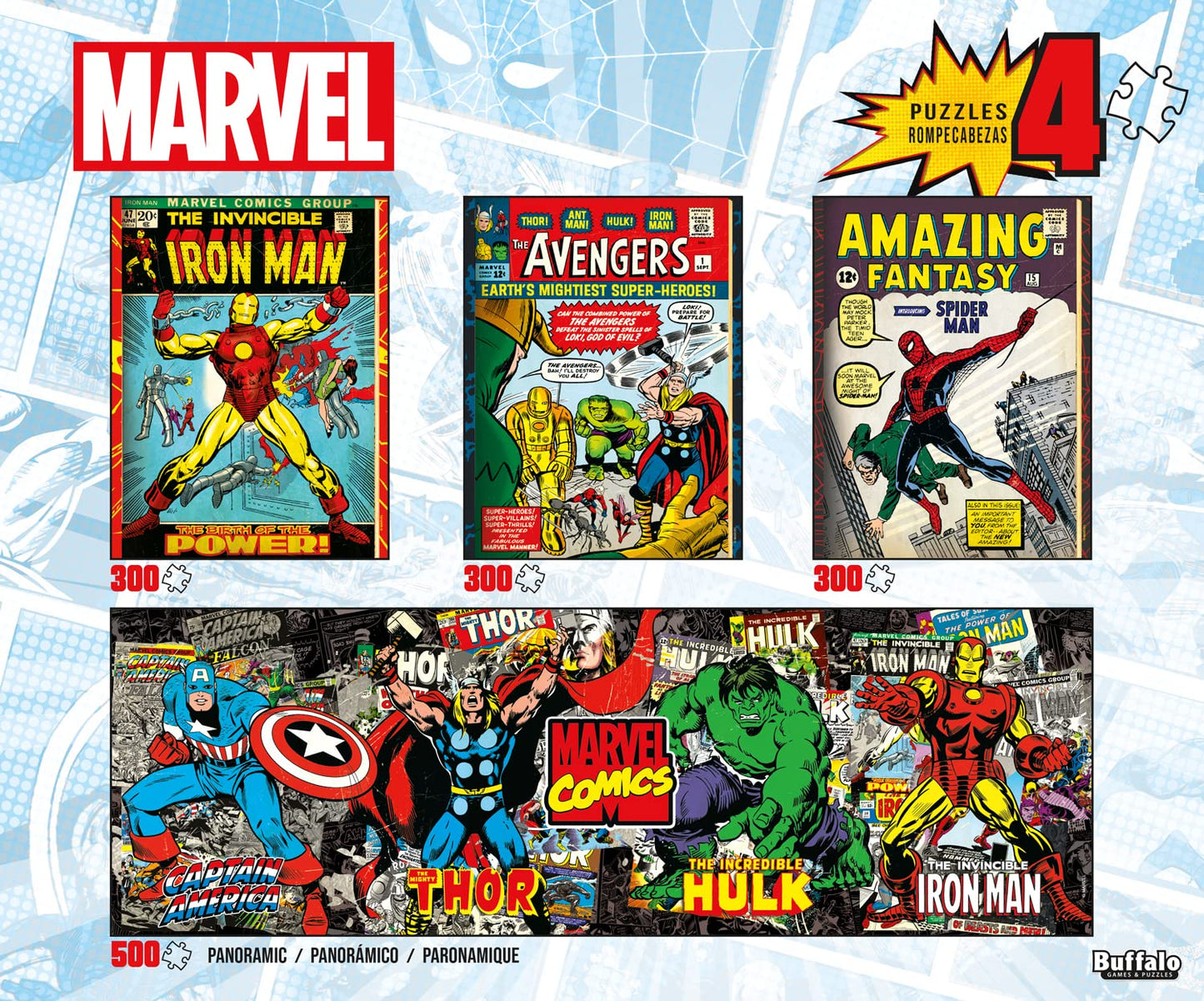 Buffalo Games - Marvel - 4 X 1 Multipack - Comics - Multi Piece Jigsaw Puzzle For Adults -Challenging Puzzle Perfect For Game Nights - Finished Size Varies
