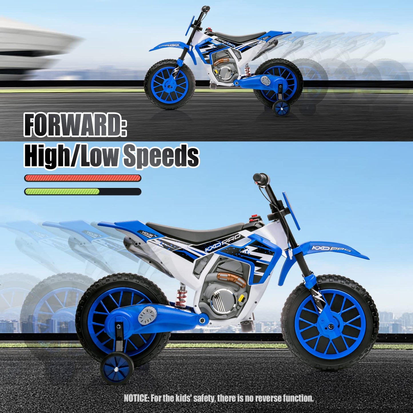 Joyldias Kids Motorcycle, 12V7Ah Ride On Motorcycle For Kids W/Training Wheels, Spring Suspension, High/Low Speeds, Blue
