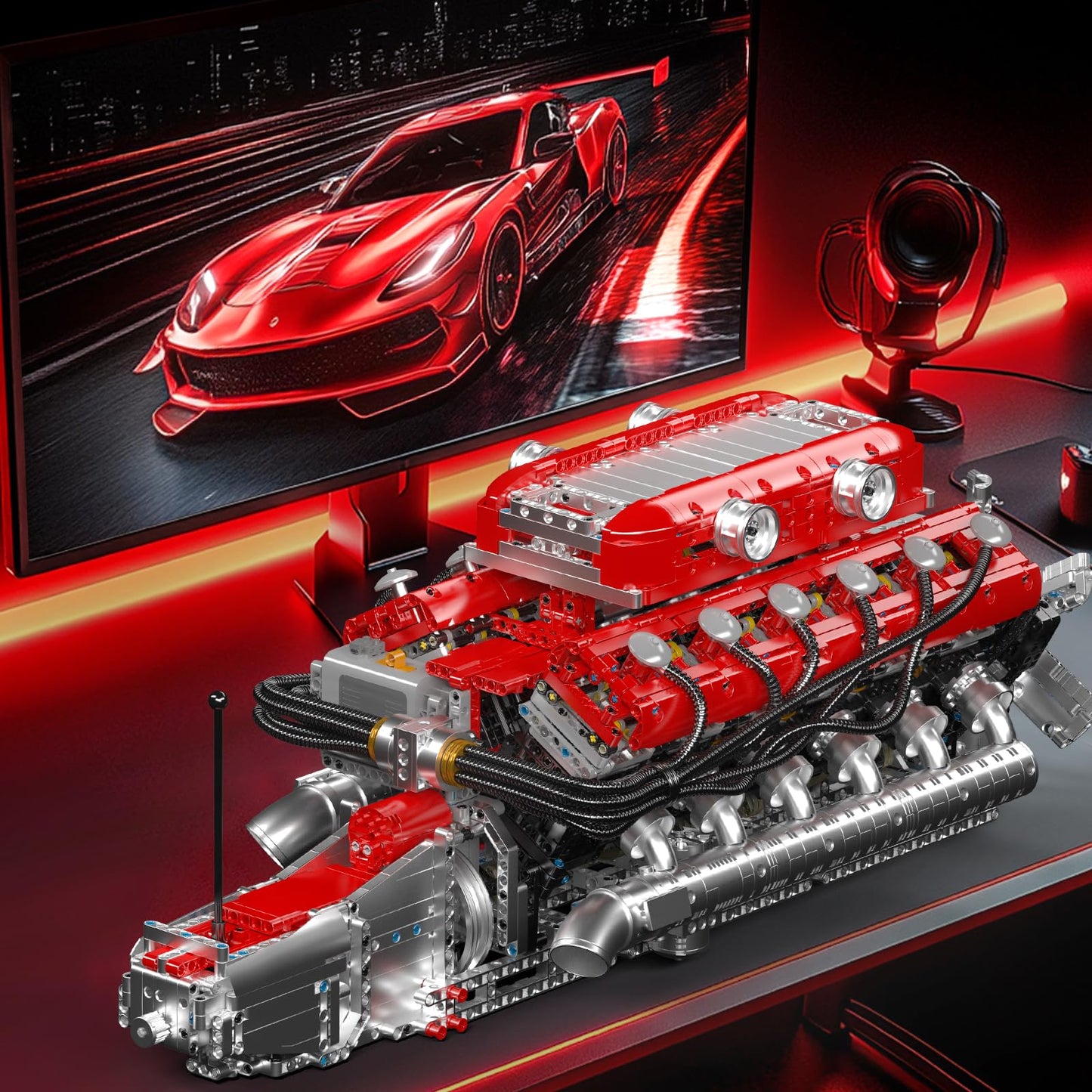 Mould King V12 Engine Model Kit - 3472 PCS STEM Building Blocks, Red, Plastic, WX10169-LZUSYL, Includes Battery & Motor