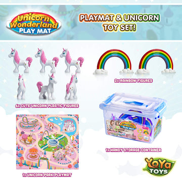 Yoya Toys Unicorn Playmat - Pretend Play Set For Kids - 8 Pcs Unicorns And Rainbows Figures - Educational Imaginative Activity Rug Toy - Floor Mat Playset Gift For Girls 3 4 5 6 7 8 Year Old Toddlers