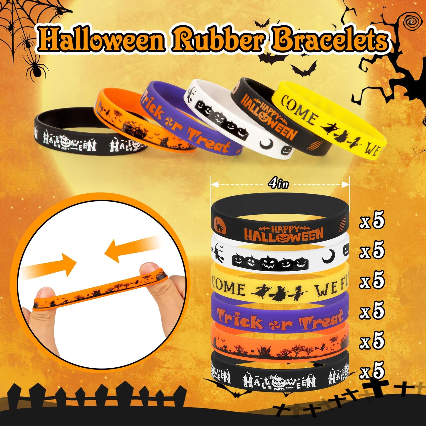 30-Pack Halloween Rubber Bracelets Bulk - Halloween Party Favors Silicone Wristbands Bracelet for Party Gifts,Trick or Treat Goo