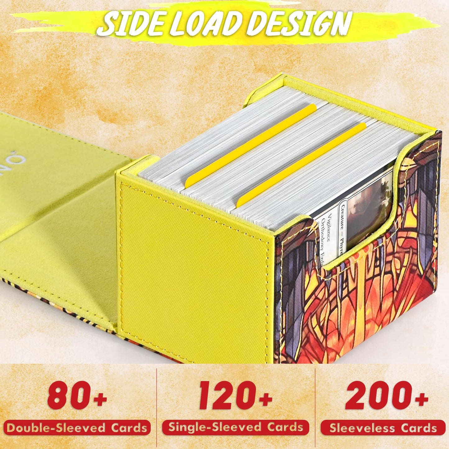 Uaono Deck Box For Mtg Cards, Trading Card Storage Box Holds 120+ Sleeved Commander Deck, Pu Leather Card Box Suits Tcg Magic Cards With 2 Dividers (Yellow,Sun)