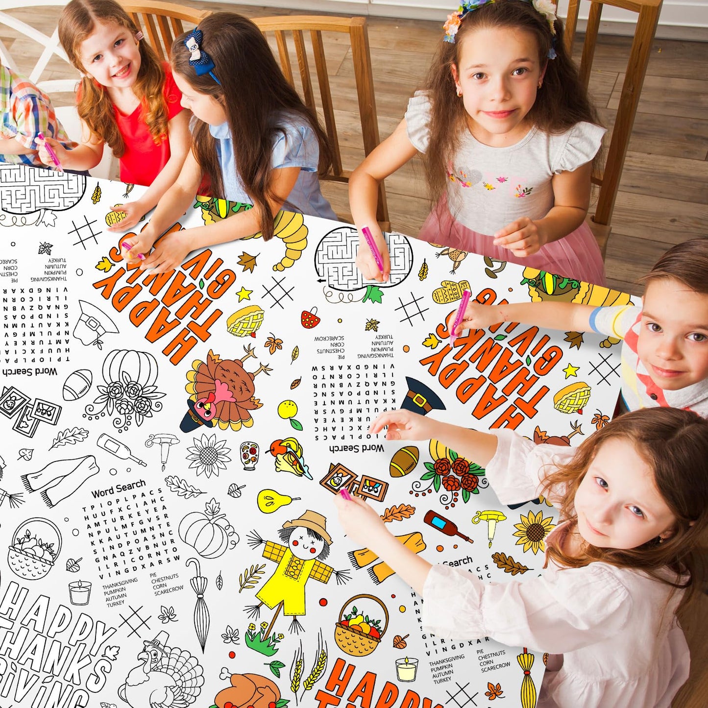 Windkream 4 Pcs 108 x 54 Inch Kids Giant Happy Thanksgiving Coloring Tablecloth Disposable Jumbo Paper Tablecloth for Coloring B