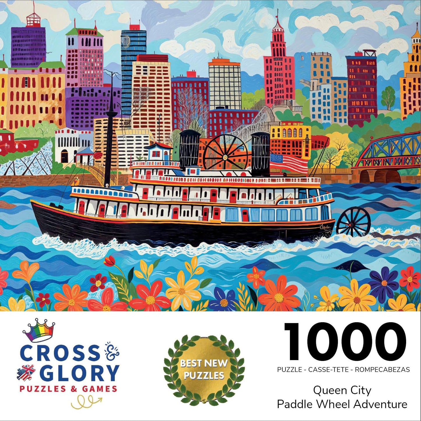 Cross & Glory - Queen City Paddle Wheel Adventure - 1000 Piece Jigsaw Puzzle For Adults | Historic Cincinnati Riverboat Scene | Vibrant Folk Art Design With Satin Finish | 20X27 Inches
