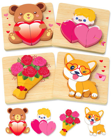 Benresive Valentines Day Wooden Toddler Puzzles Ages 1-3, Montessori Toys For 1 2 Year Old Boys Girls, 4 Pack Valentines Day Tod