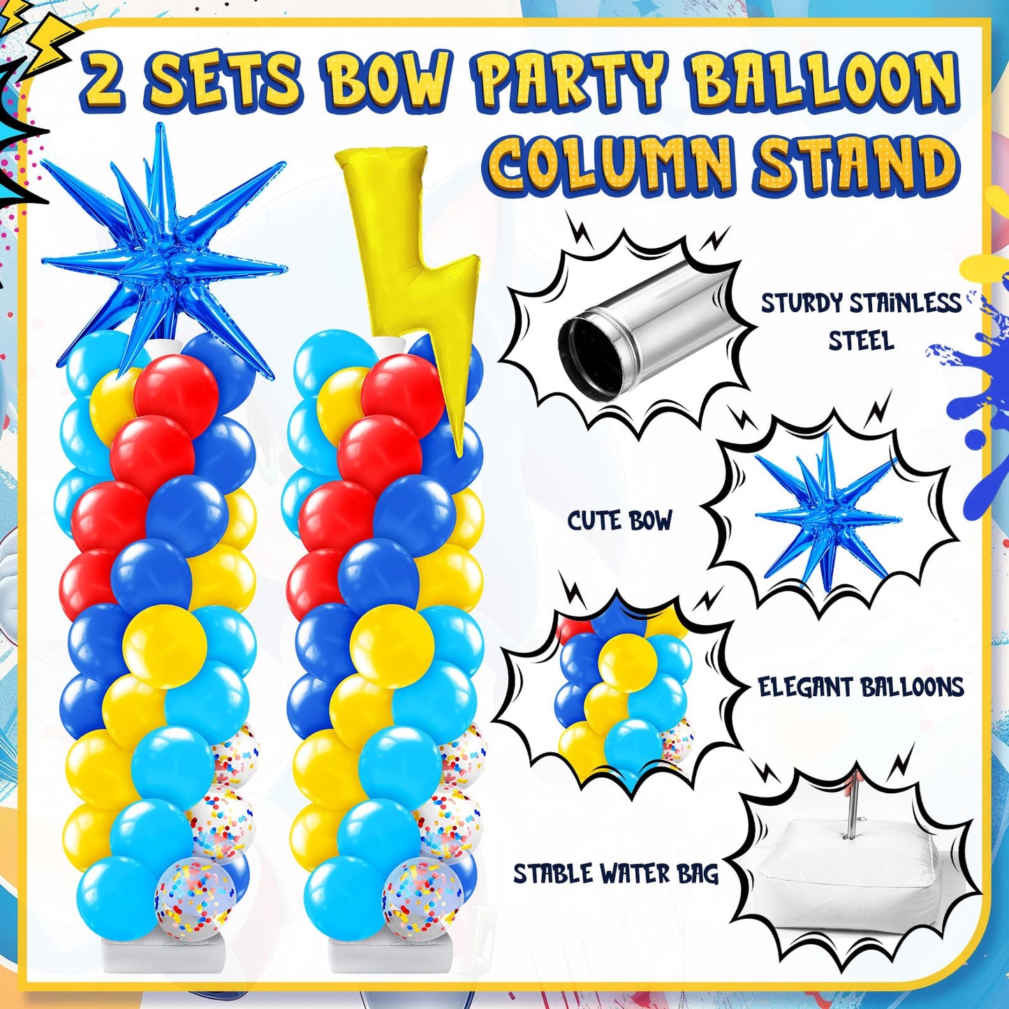 Kasyat Balloon Column Stand Kit - 2 Set Red Blue Yellow with Adjustable Stand for Birthday Party Decorations, Model AU-Kasyat-1739