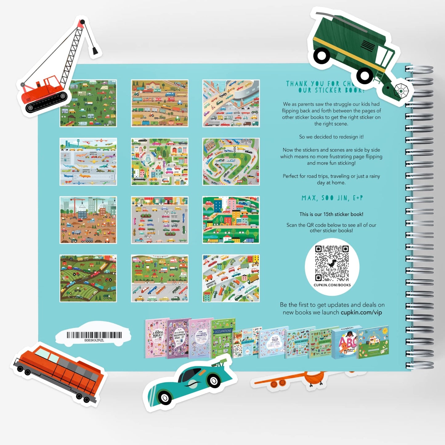 CUPKIN Sticker Book for Kids, 500+ Stickers, 12 Coloring Pages, Things With Wheels, Model CKSB-TWW, Ages 4-8, Toddler Travel Activity