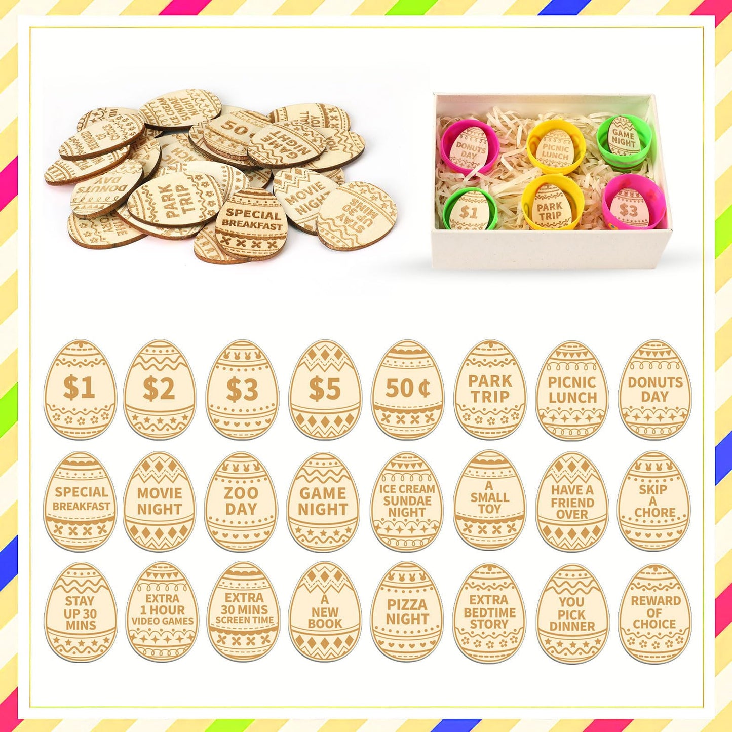 Jansun 24Pcs Easter Egg Tokens, Easter Egg Fillers Wooden Easter Reward Tokens Tokens Coins With 24 Different Engraved Sayings F