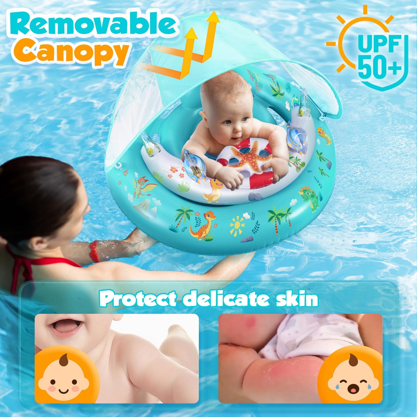 Baby Pool Float With Canopy Upf50+ Sun Protection, Inflatable Kids Pool Floats With Toy Play Console For Baby 6-36 Months, Infan