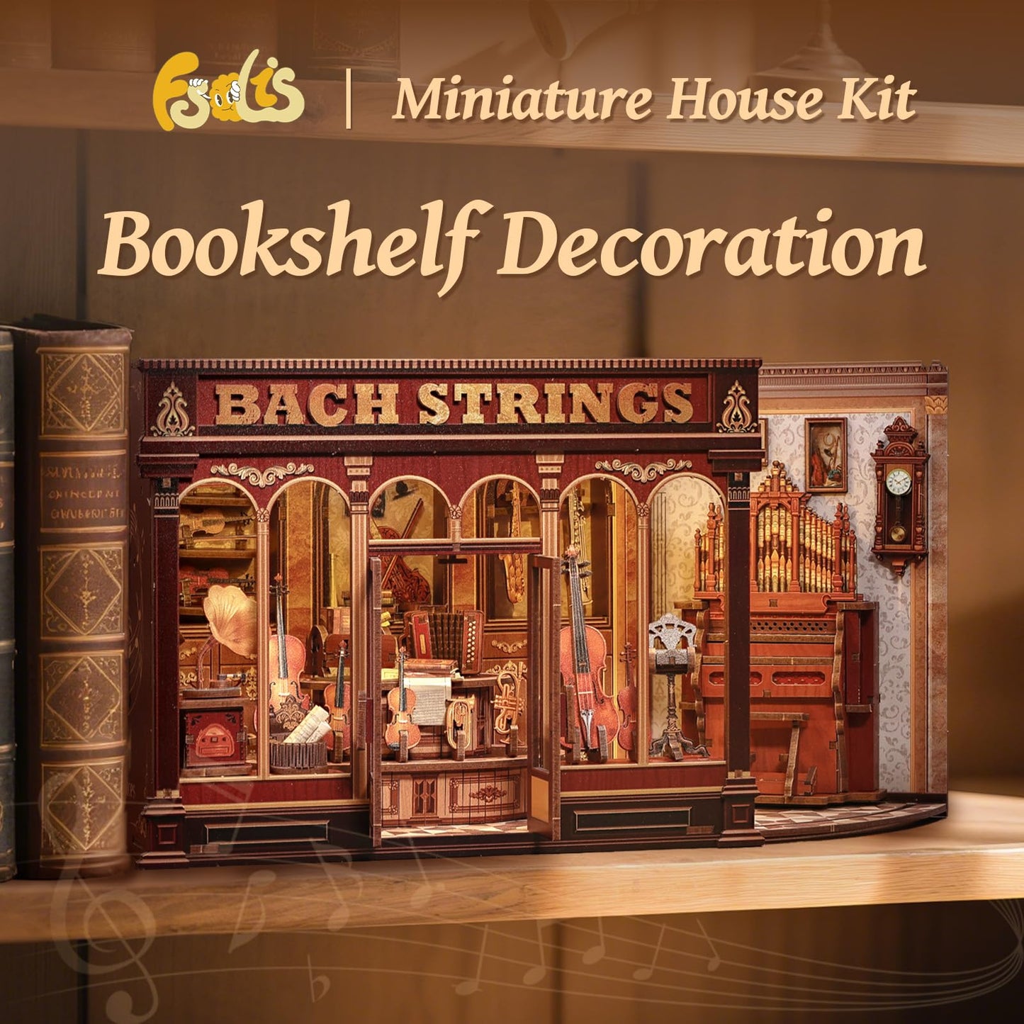 Fsolis Book Nook Kit - DIY Scene Miniature Dollhouse Kit for mature-themeds  Shelf 3D Puzzles 285 pcs  Tiny House Mini Music Shop Model Booknook Craft Bookshelf Decor Gifts for Women (Bach Strings)