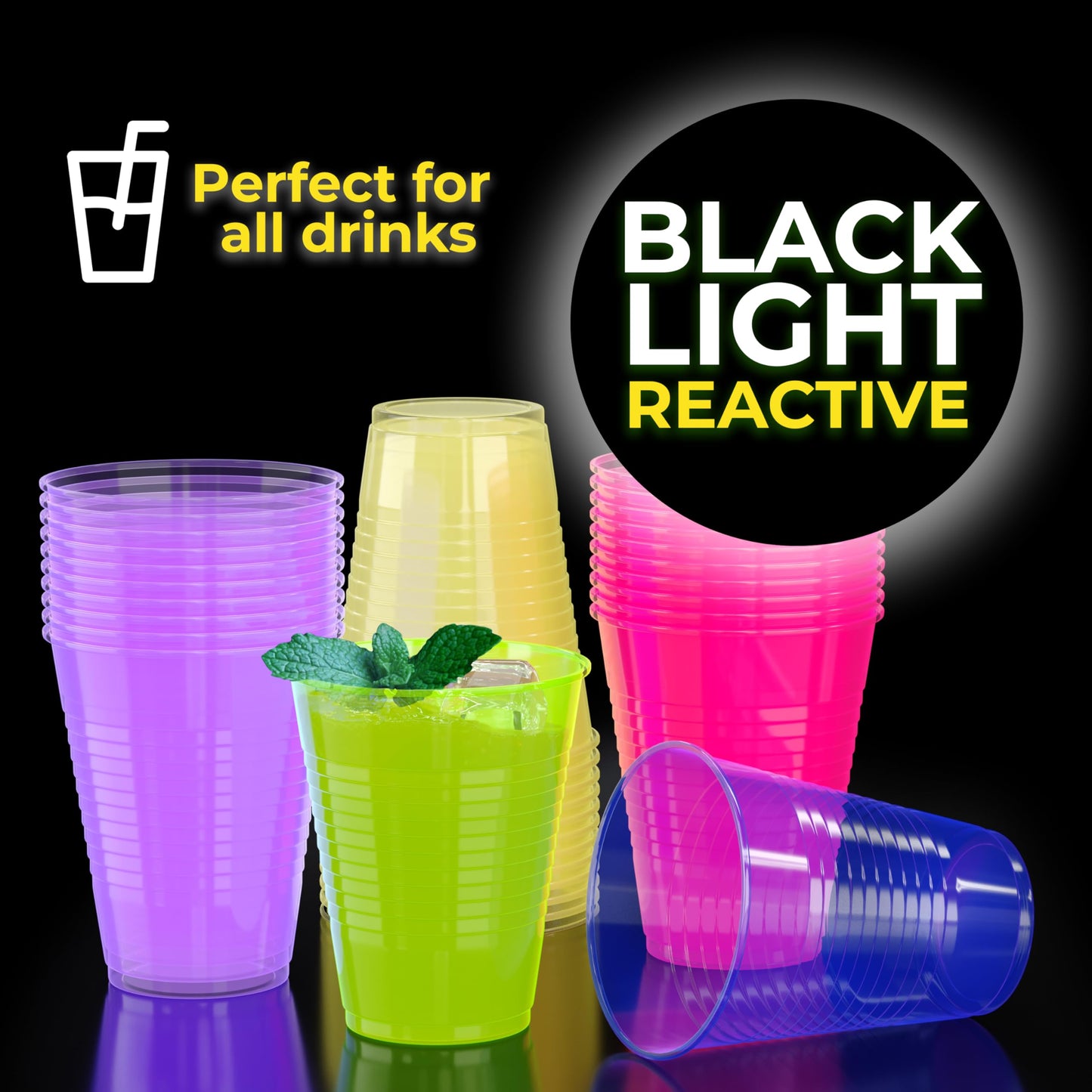 Exquisite Blacklight Reactive Glow Cups - 12 Oz Disposable Plastic - 60 Pack Assorted Neon Colors for Parties