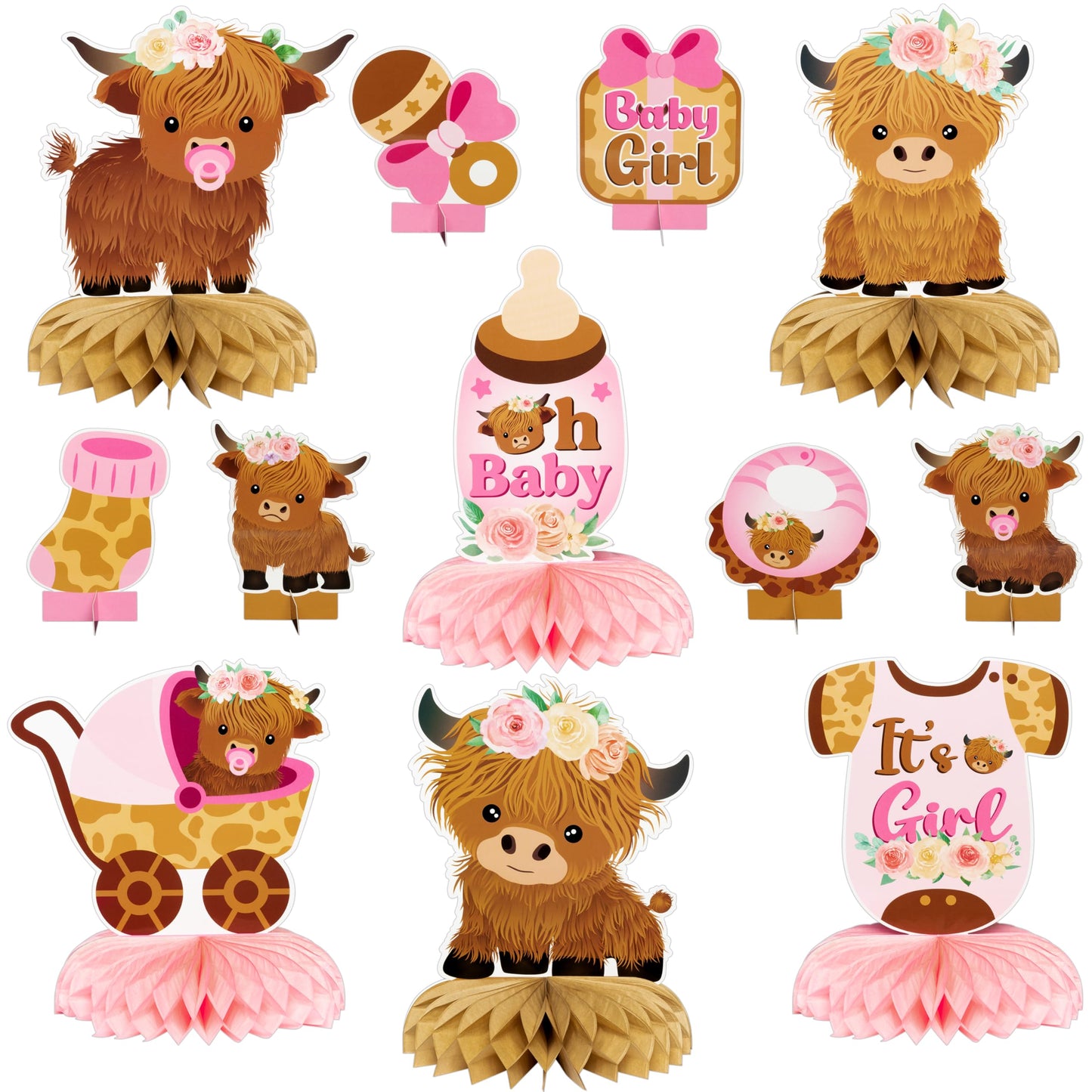 12Pcs Pink Highland Cow Honeycomb Centerpieces Floral Highland Cattle Baby Shower Party Table Decoration Its a Girl Gender Reve