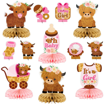 12Pcs Pink Highland Cow Honeycomb Centerpieces Floral Highland Cattle Baby Shower Party Table Decoration Its a Girl Gender Reve
