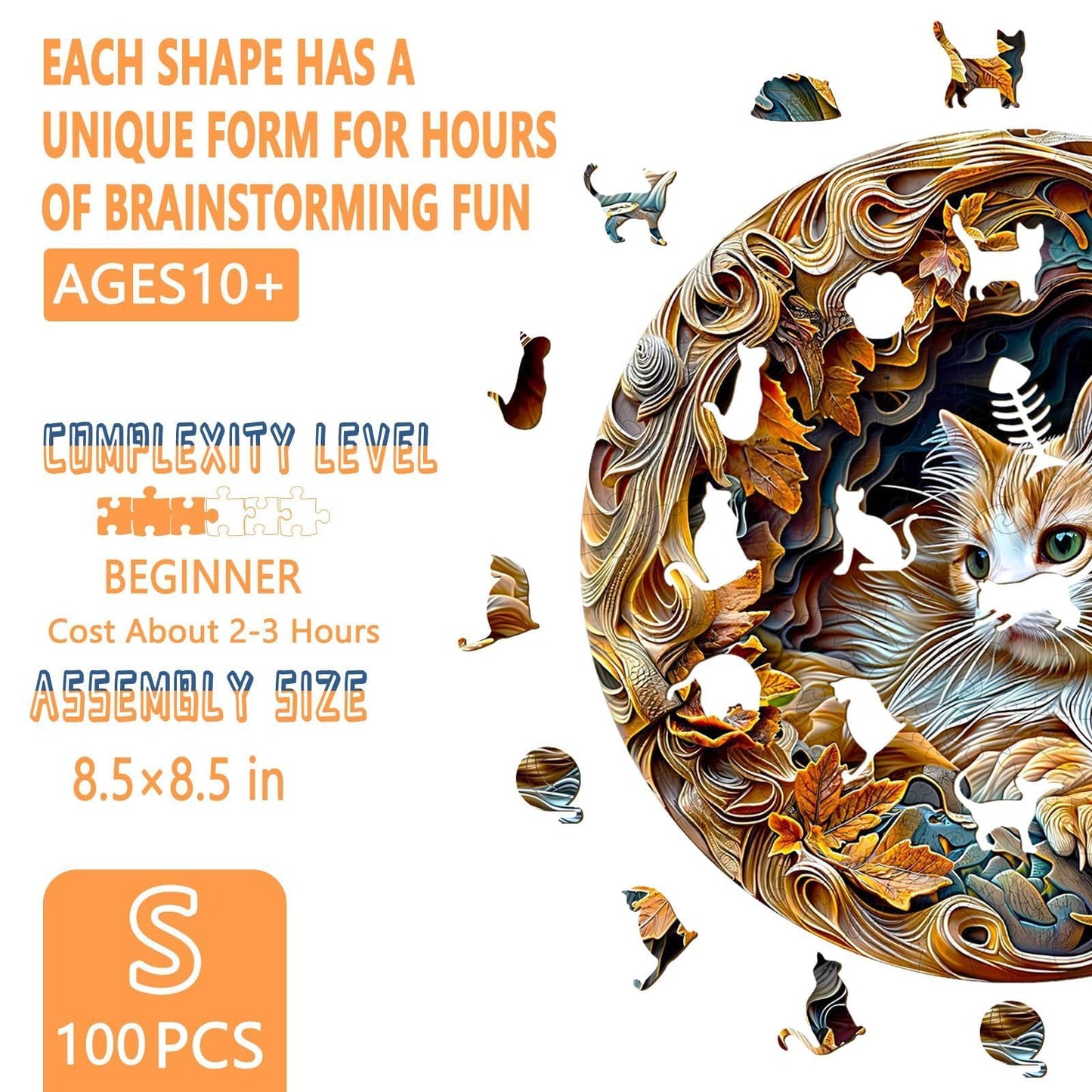 Wooden Puzzles for mature-themeds  3D Visual Effects Inside The Cave with A Persian Cat Wooden Jigsaw Puzzles for mature-themeds  Unique Shape  Wood Puzzles mature-themed  Wall Art Home Decor (S-8.4 * 8.4in -100 Pcs)