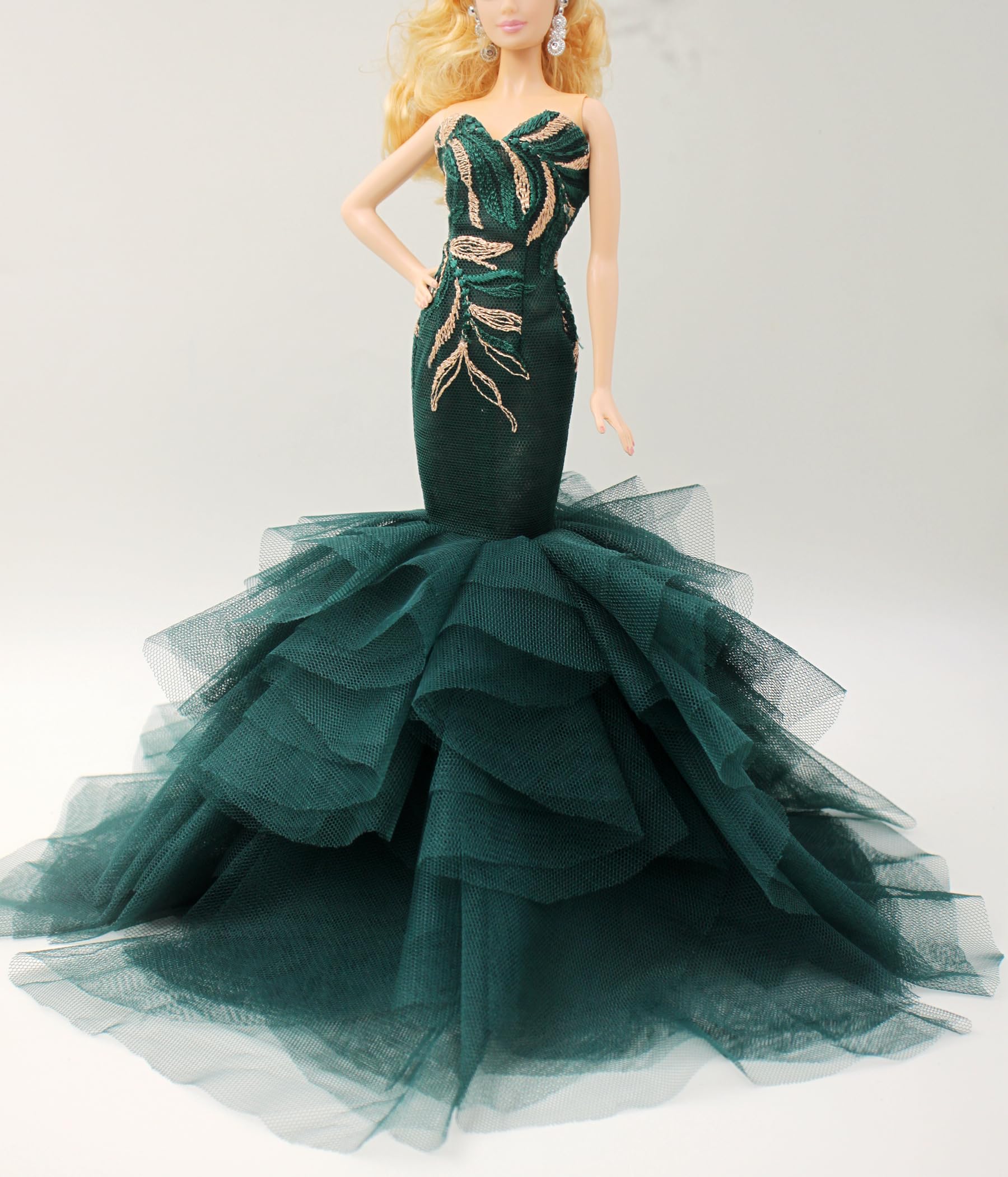 Cora Gu Handmade Classic Jade Green Embroidery Mermaid Dress Wedding Gowns Fit for 12 Fashion Doll & Dolls not Included