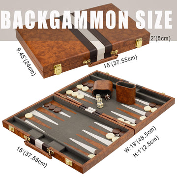 Vovotuzzi 15'' Backgammon Game Brown Backgammon Sets For Adults Leather Travel Backgammon Sets 2 Player Backgammon Board Game Fo