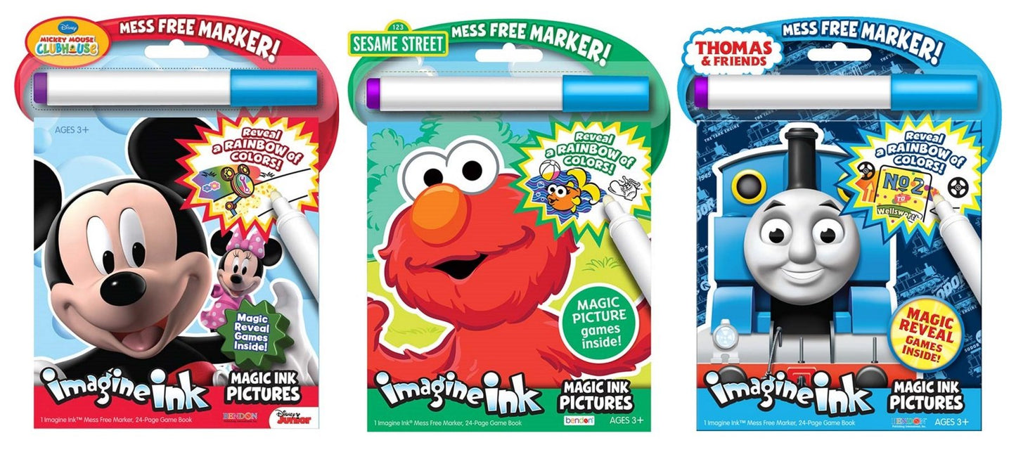 Bundle of 3 Imagine Ink Magic Pictures Activity Books - Mickey Mouse Clubhouse, Sesame Street, and Thomas & Friends