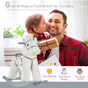 Qaba Kids Plush Ride-On Rocking Horse With Bear Toy, Children Chair With Soft Plush Toy & Fun Realistic Sounds, White
