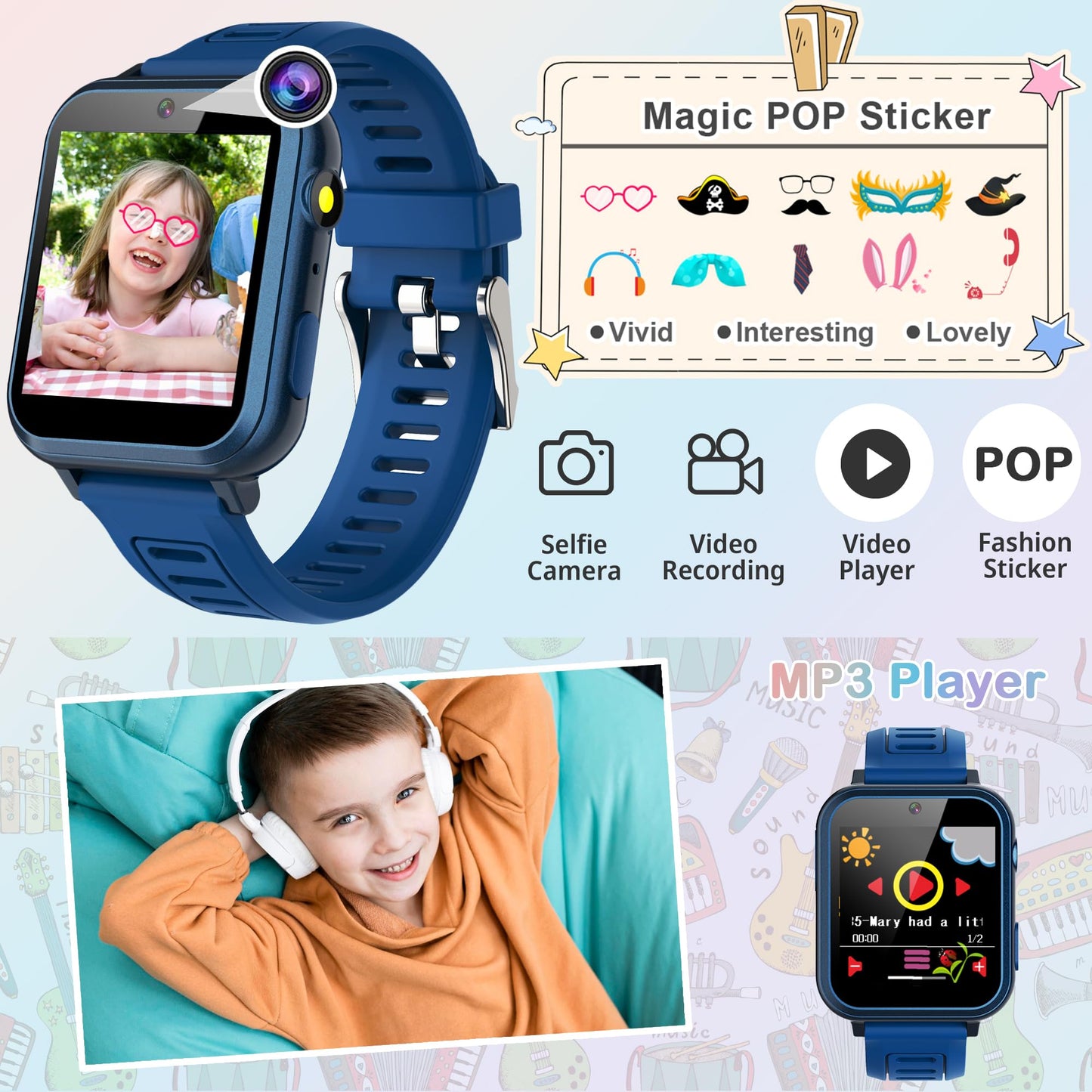 Aiwiep Smart Watch For Kids With 24 Games Kids Watches Touch Screen Music Player Camera Alarm Clock Calculator Flashlight Stopwatch 12/24 Hr Toys For Boys Gift For Kids 3-12 Year Old