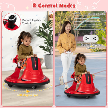 Costzon 12V Kids Ride On Bumper Car, Electric Bumper Car W/Dual Joysticks, Remote Control, 360° Spin, Slow Start Function, Led Lights & Fun Music, Adjustable Safety Belt, Soft Bumper (Red)