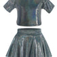 Happy Cherry 2Pcs Kids Girls Shiny Metallic Short Sleeve Crop Top With Pleated Skirt Set Dancewear Performance Costumes Black 10