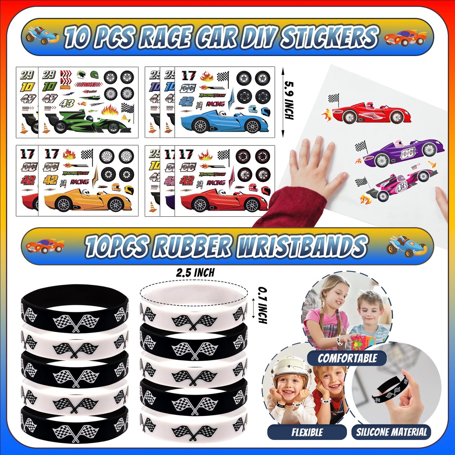 Joyvorite 120 Pcs Race Car Party Favors Set with Keychains Slap Bracelets Tattoo Stickers Wristbands Treat Boxes Treat Bags Stuf