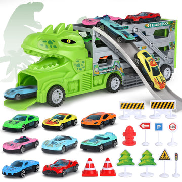 Dinosaur Car Toys for 2 Year Old Boy, Tyrannosaurus Rex Truck Toys with 2 Race Track and 8 Small Cars for Ages 2-4, 24 Pcs Gift 