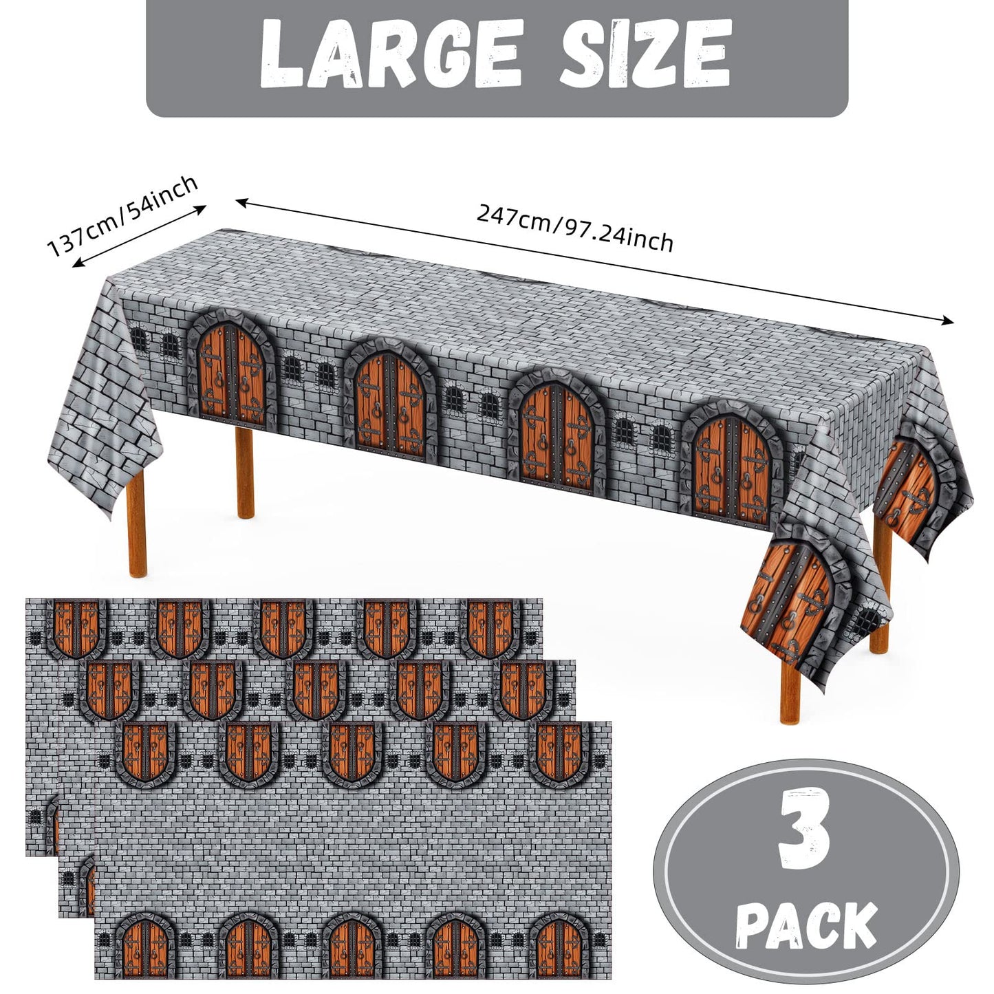 Remerry Medieval Tablecloth, 3 Pc Set, Plastic, 108 x 54 Inches, Rectangular, Stone Wall Design, Knight Party Decorations, Castl
