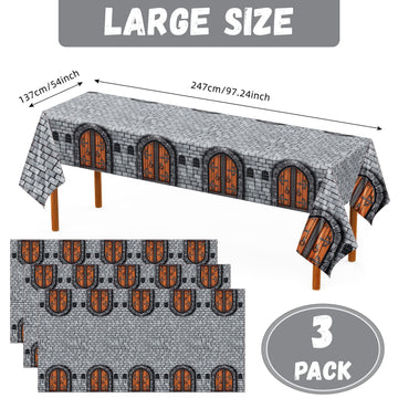Remerry Medieval Tablecloth, 3 Pc Set, Plastic, 108 x 54 Inches, Rectangular, Stone Wall Design, Knight Party Decorations, Castl