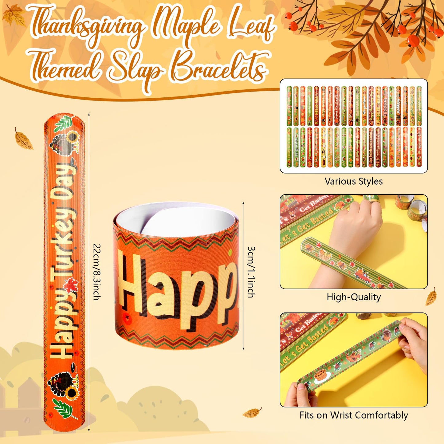 Jenaai 200 Pcs Slap Bracelets bulk Thanksgiving Maple Leaf Themed Fall Holiday Wristbands Turkey Snap Bracelets Autumn Slap Band