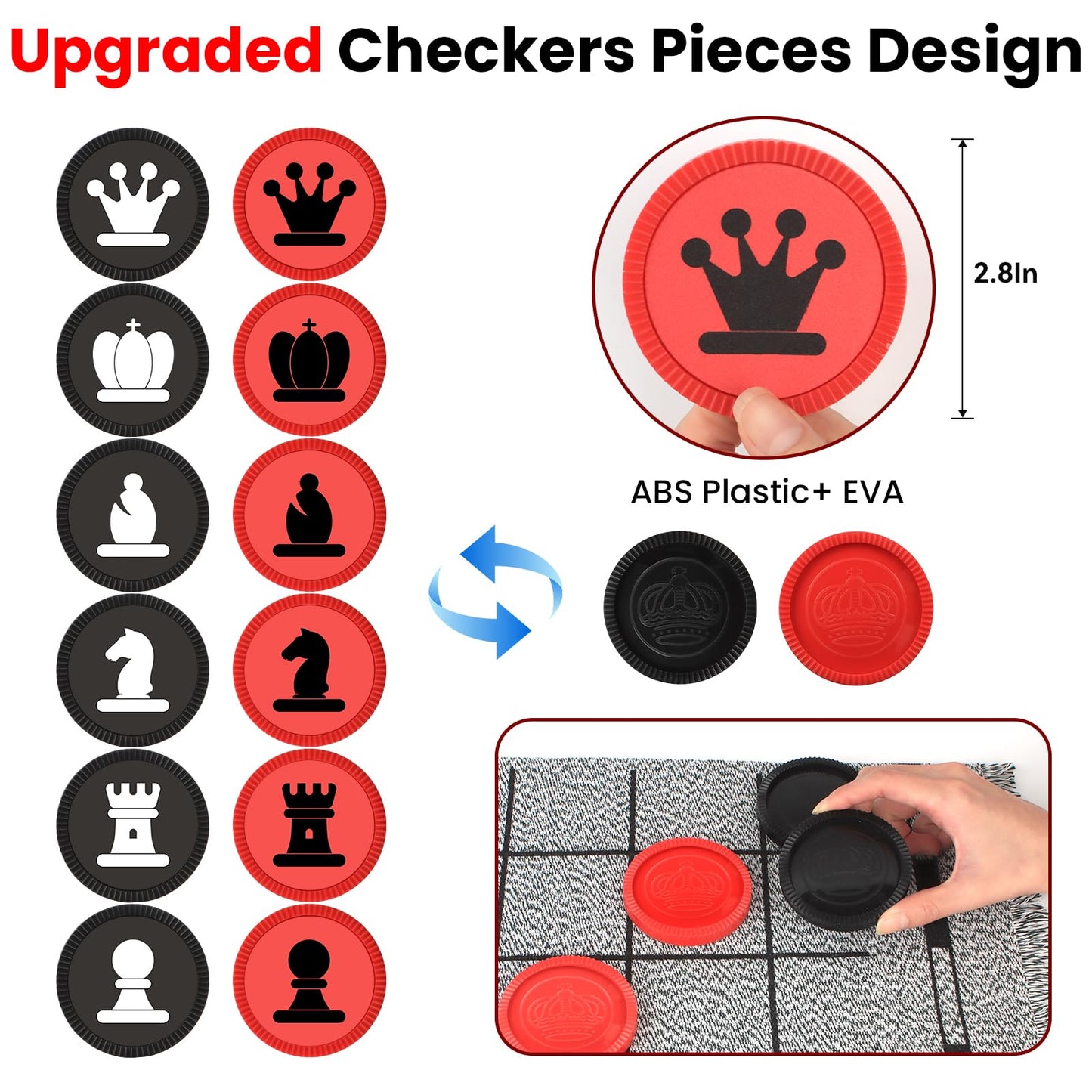 Giant 4 in 1 Chess Set Jumbo Chess & Giant Checkers & Large Tic Tac Toe  Giant Chess Board Game for Kids mature-themeds Including 2 Extra Queen Large Checkers Rug Game Mat  Indoor Outdoor Games Camping Party