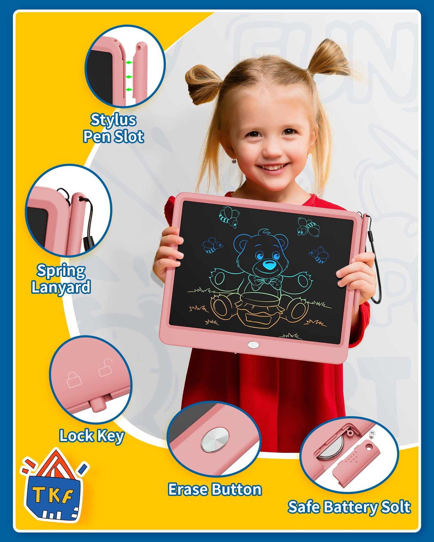 TEKFUN Toys for Girls 12in LCD Writing Tablet, Erasable Doodle Board with Anti-Lost Stylus, Mess Free Coloring Drawing Board, Tr