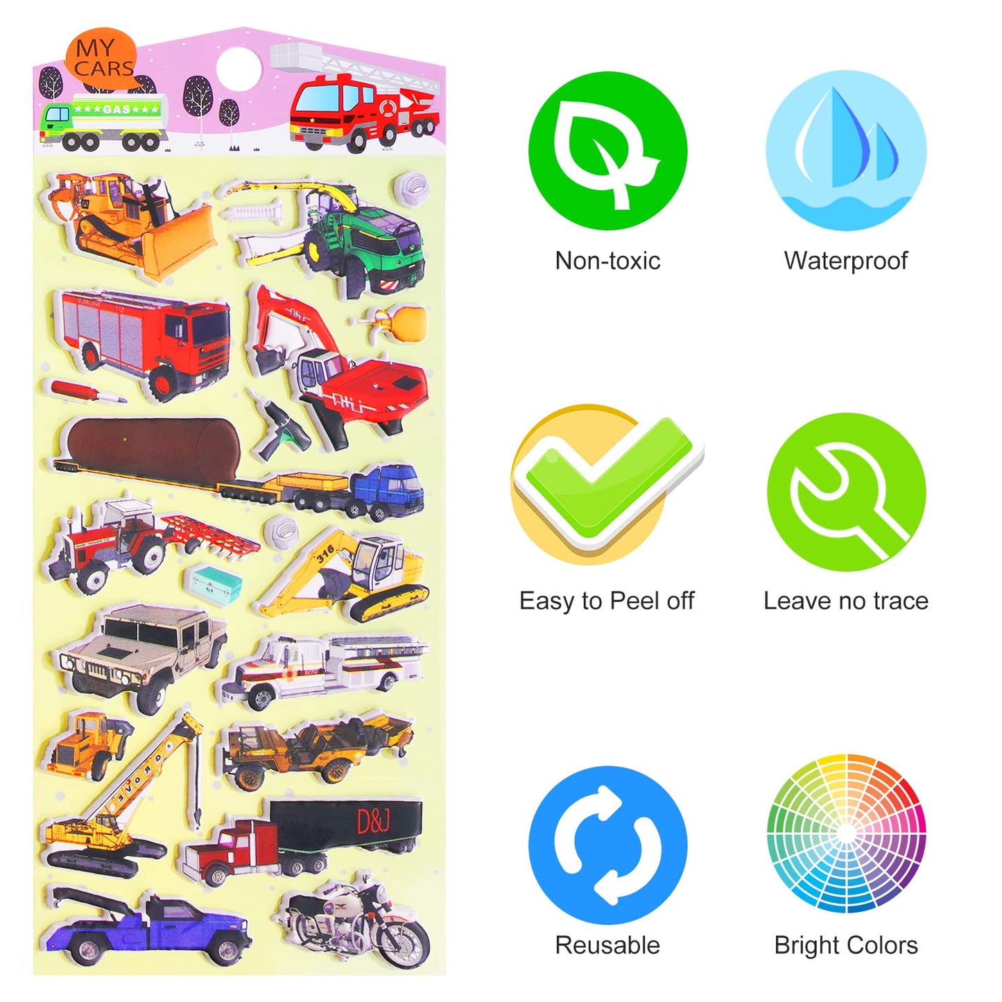 3D Puffy Vehicle Stickers For Kids Toddlers, 4 Packs Cute Truck Stickers For Boys, Reusable Squishy Stickers Window Clings With