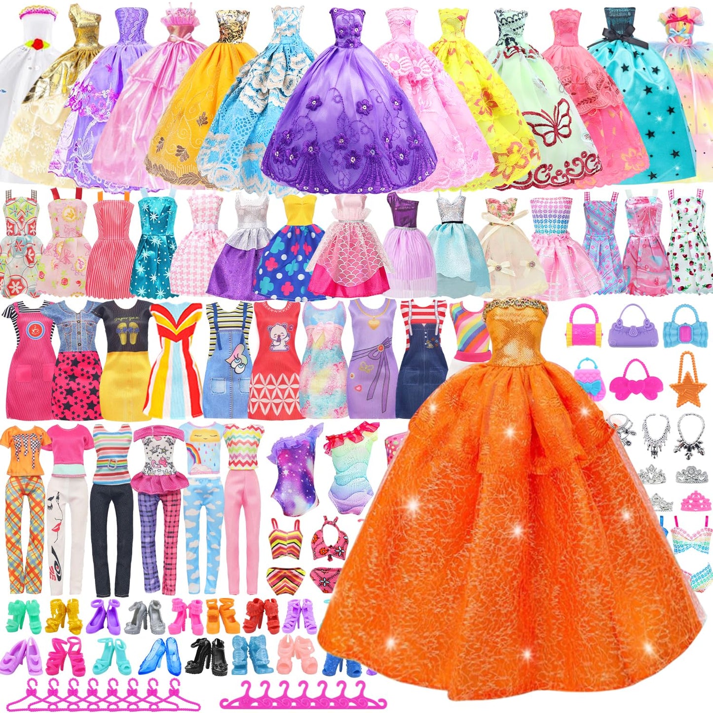 75 Pcs Doll Clothes and Accessories Gift Box Package 5 Wedding Gowns 4 Evening Dresses 8 Fashion Dresses 3 Set Casual Outfit  2 Swimsuit 30 Hanger 10 Shoes 10 Accessories Toys for Girls Kid Gift