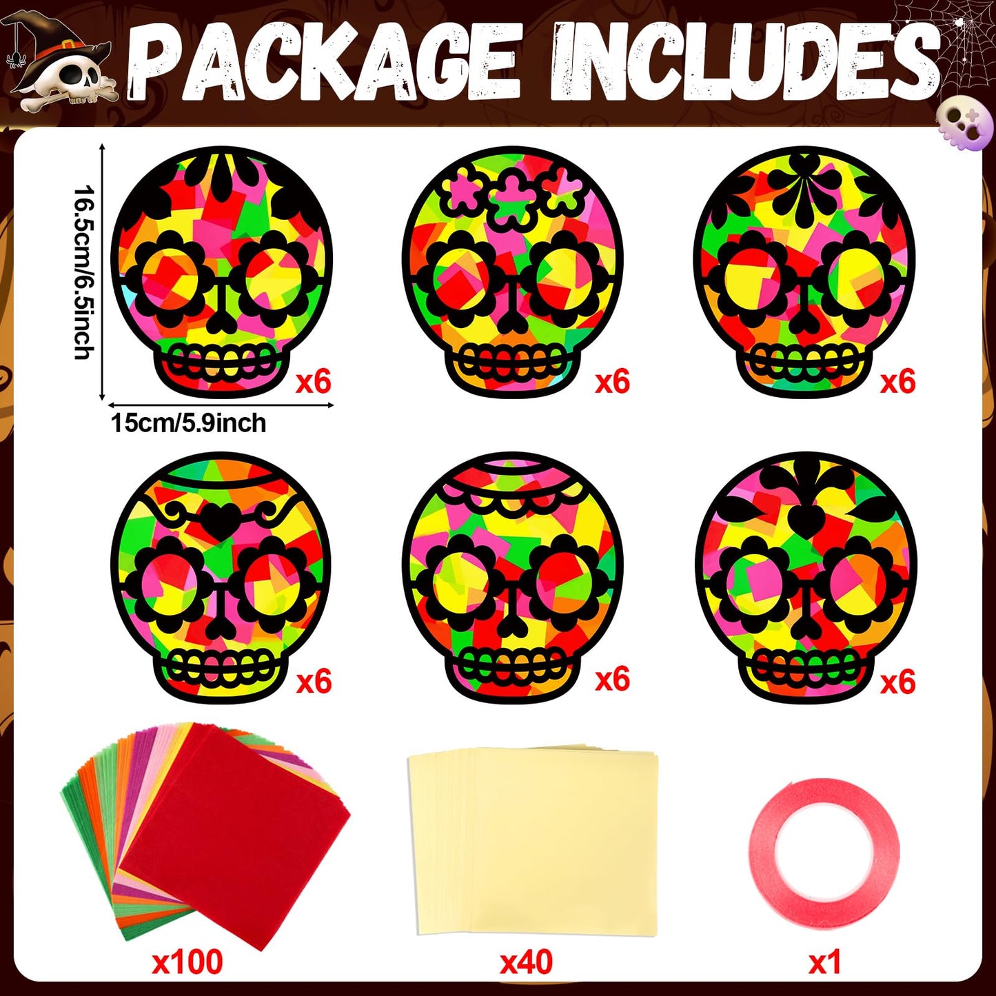 Qyeahkj 36 Set Day of The Dead Suncatchers Crafts for Kids DIY Skull Window Tissue Paper Craft Kit Hanging Decor for Mexico Home