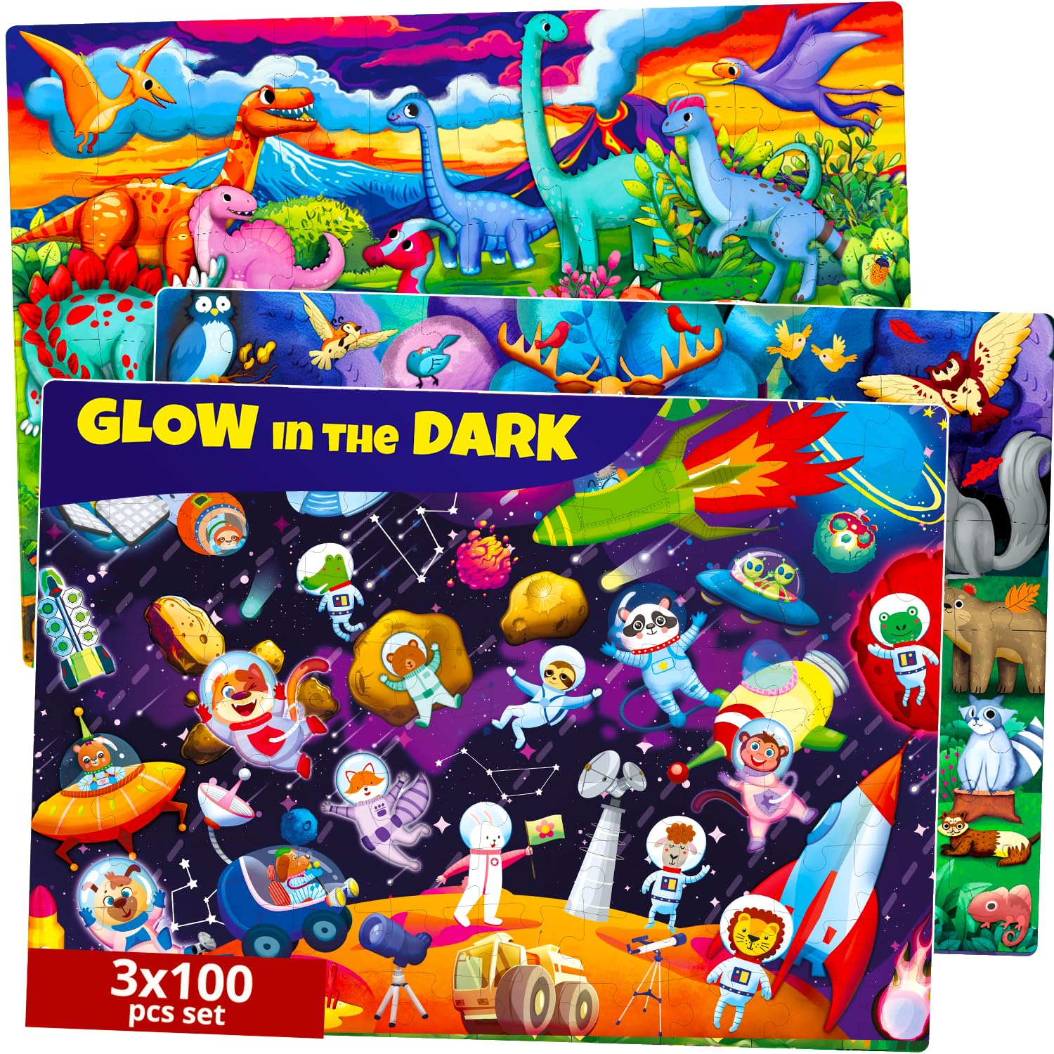 Quokka 3X100 Piece Puzzles For Kids Ages 6-8 – Glow-In-The-Dark Puzzles For Kids 8-10 | Space, Dinosaurs, Animals | Fun Educational Puzzles For Boys & Girls – Learning Games & Space Toys Gift For Kids