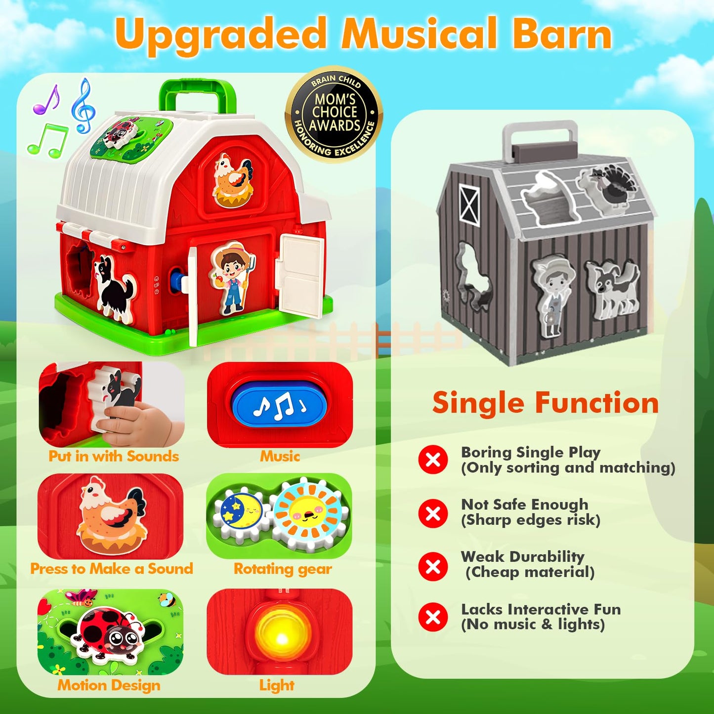 Montessori Toddler Toys for 1 2 3 Year Old Boys Girls, Musical Farm Animals Barn Toy with Sound & Light, Learning Toys for Toddl