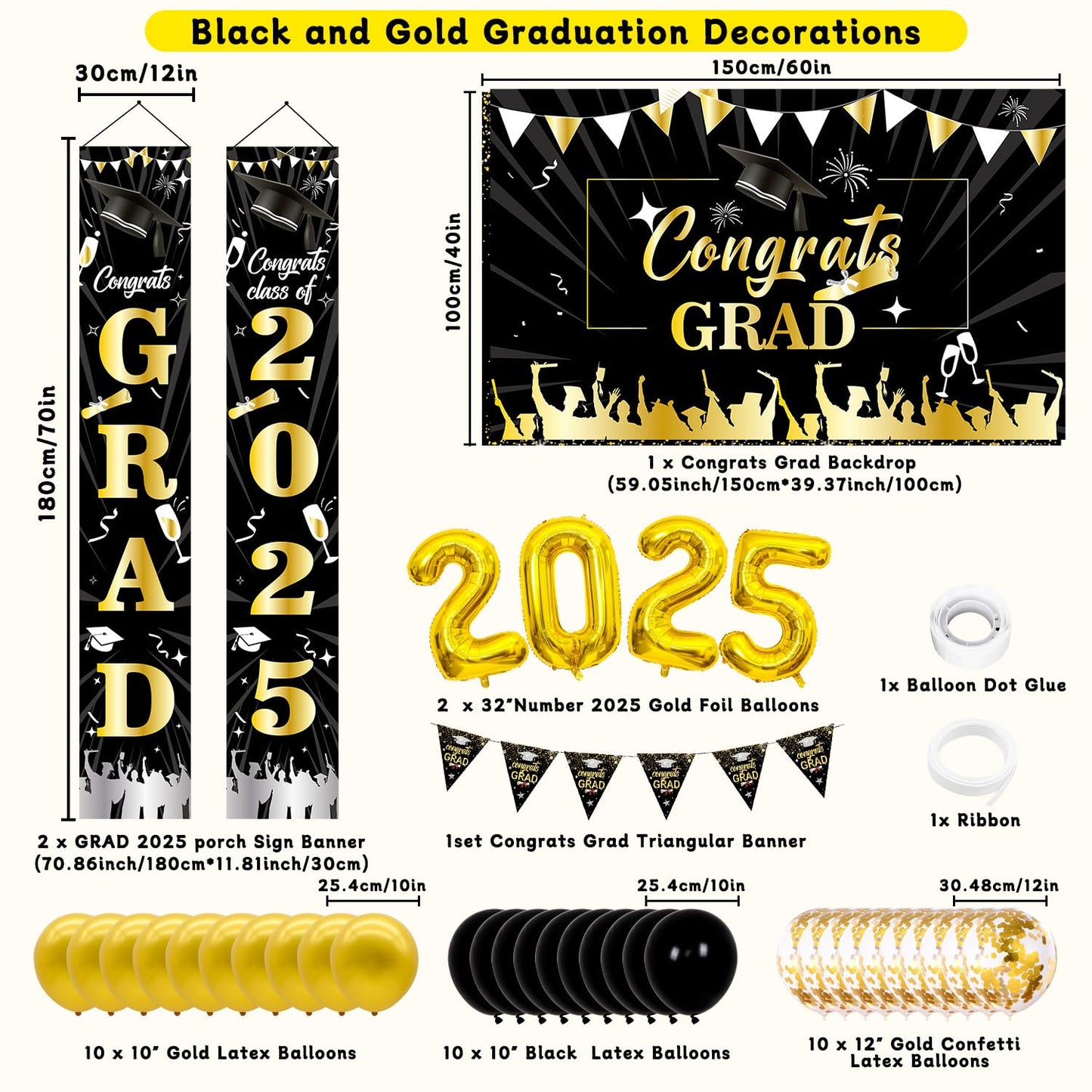 Graduation Decorations 2025, Black and Gold Graduation Decorations Class of 2025 Congrats Grad Backdrop Banner Porch Sign with f