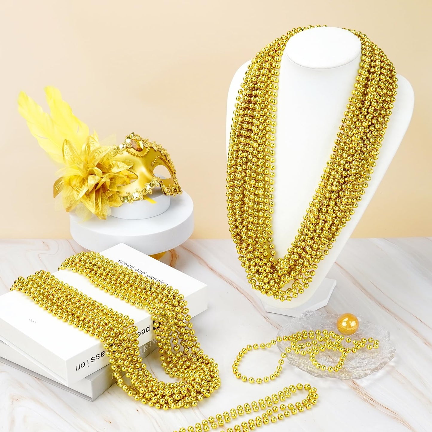 YAXINRUI 72 PCS Metallic Gold Bead Necklaces, 33 Inch 7 mm Mardi Gras Beads Bulk Round Beaded Necklaces Costume Necklace for Mar