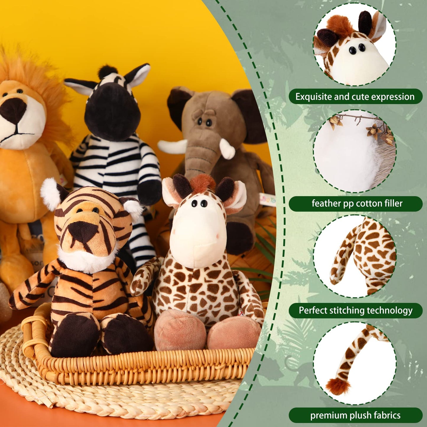 12 Pieces Safari Stuffed Animals 11.8 Inch Jungle Animal Toys Set Boys Girls Plush Forest Animals Lion Elephant Zebra Giraffe Ti