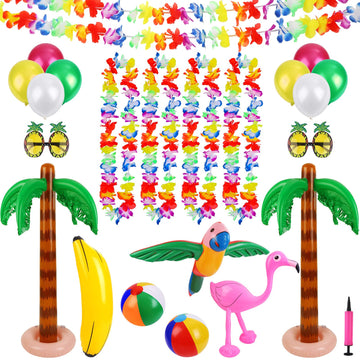 Ruisita Inflatable Luau Party Set 2 Pack Palm Trees 1 Pack Inflatable Parrot 1 Pack Inflatable Flamingo 2 Pack Beach Balls 1 Pac