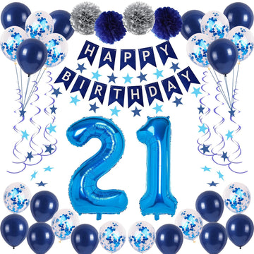 Blue 21 Birthday Decorations, Blue 21St Birthday Decorations For Men Women, Happy 21St Birthday Balloons Party Supplies With Blu