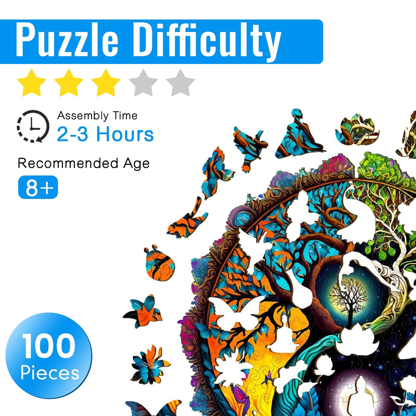 Aeekdook Wooden Puzzles for mature-themeds  Yinyang Tree of Life Wooden Jigsaw Puzzles for mature-themeds  Wood Puzzles mature-themed  Unique Shape Wood Cut Puzzles  Birthday Gifts for Family Friend (S-7.9 * 7.9in-110 pcs)