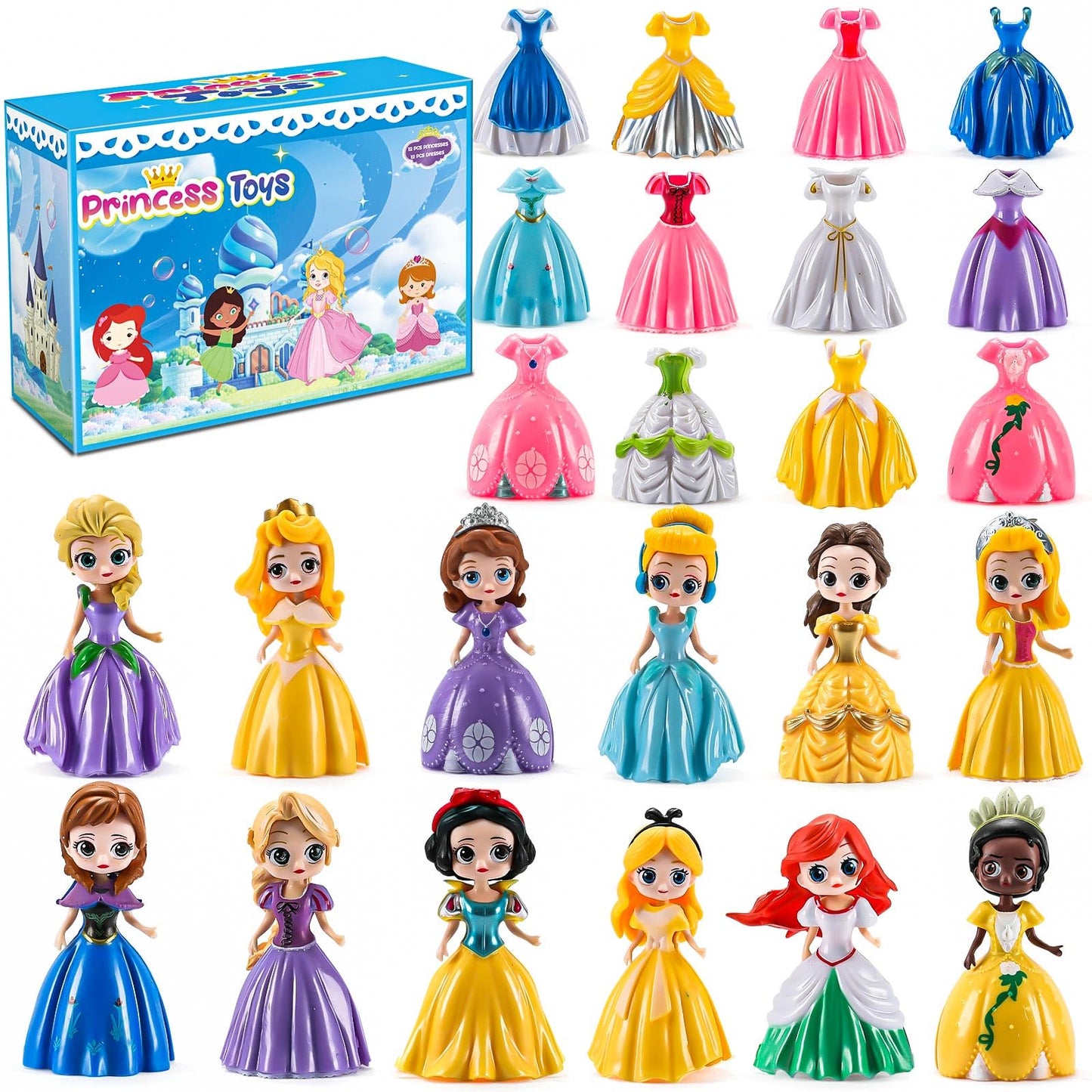 Bicakza Princess Toy Set - 12 Transformable Dolls with 24 Outfits, Ideal for Girls' Play, Party Favors, and Easter Gifts