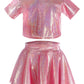 Happy Cherry 2Pcs Kids Girls Shiny Metallic Short Sleeve Crop Top With Pleated Skirt Set Dancewear Performance Costumes Rose Red