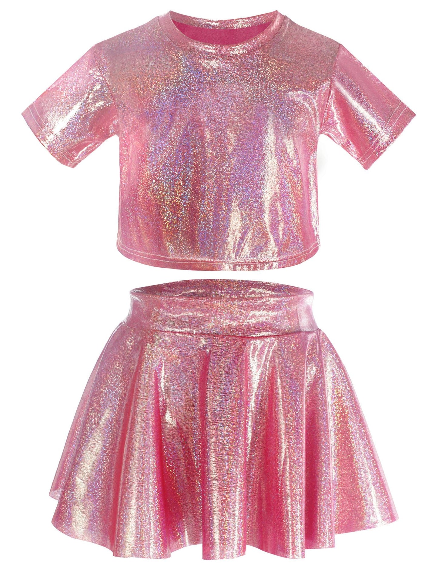 Happy Cherry 2Pcs Kids Girls Shiny Metallic Short Sleeve Crop Top With Pleated Skirt Set Dancewear Performance Costumes Rose Red
