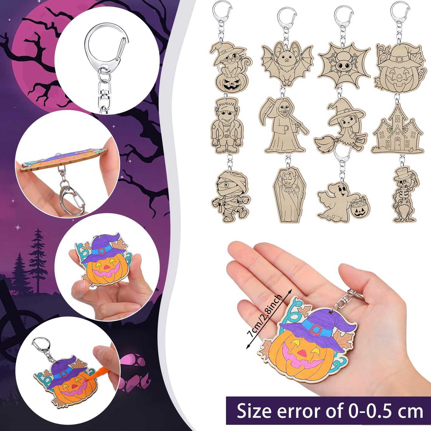 Trnayi 24 Sets Halloween Party Favors Gift Color Your Own Ghost Pumpkin Spider Witch Bat Unfinished Wooden Keychains DIY Crafts