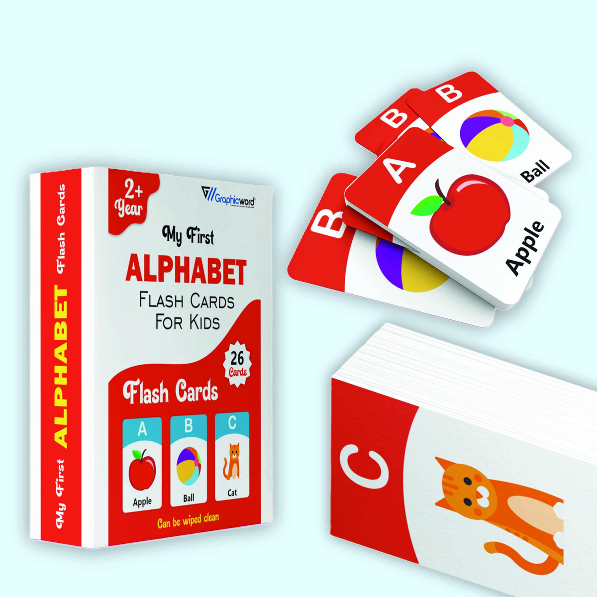 Graphic Word Alphabet Flash Cards For Kids, Educational Learning Cards, 26 Cards Set, Ages 2+, Wipe Clean